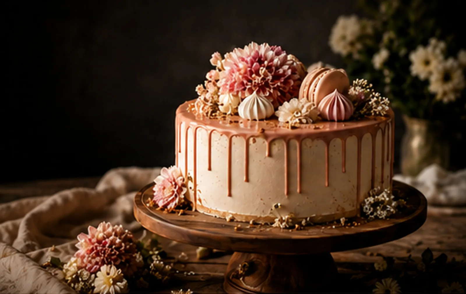 Torta s ružovou polevou, kvetmi a makrónkami